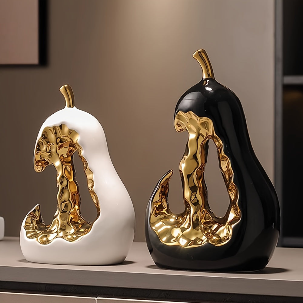 1 pieza de moderna escultura de pera de cerámica abstracta - Elegante adorno decorativo dorado y blanco para el hogar o la oficina, regalo perfecto para las vacaciones, exhibición en la mesa o el armario, decoración de oficina