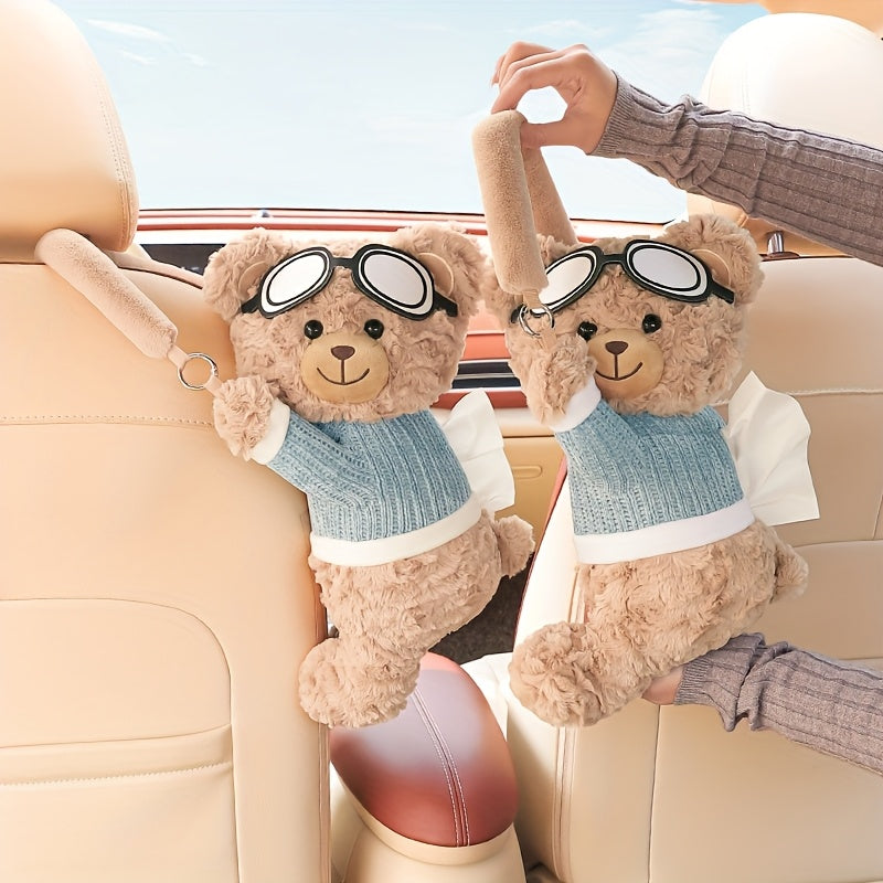 Soporte para Pañuelos de Asiento Trasero del Coche con Diseño de Oso Lindo - Suave Peluche con Dibujos Animados y Salopete Azul & Gafas, Almacenamiento Colgante Multifuncional para Acceso Fácil, Apto para Coches, Hecho de Poliéster Duradero