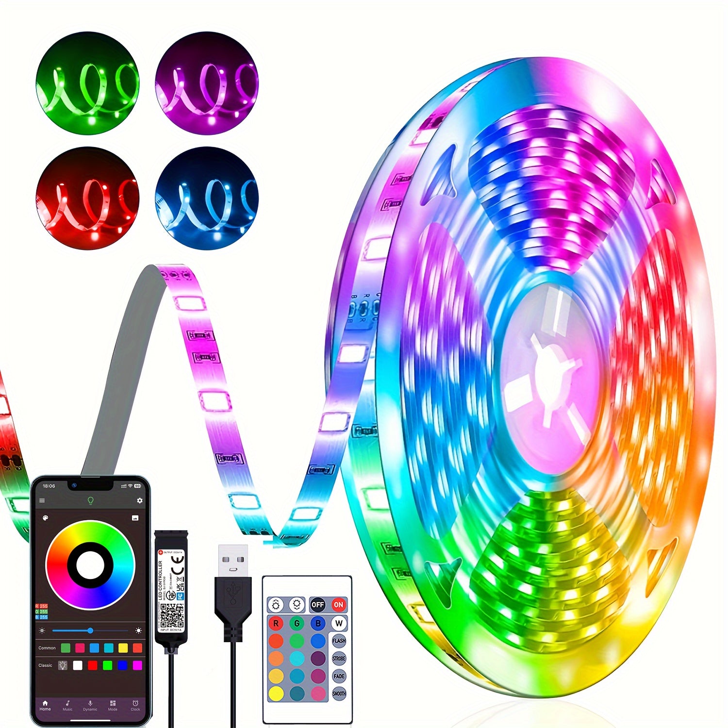 Tira de luces LED RGB de 91.44 cm a 30.48 metros, control remoto y por app, brillo ajustable, modo DIY, alimentación por USB, material ABS, pilas de botón no recargables, para decoración de dormitorio, sala, espejo y TV, luces LED para habitación