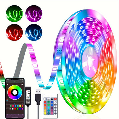 Tira de luces LED RGB de 91.44 cm a 30.48 metros, control remoto y por app, brillo ajustable, modo DIY, alimentación por USB, material ABS, pilas de botón no recargables, para decoración de dormitorio, sala, espejo y TV, luces LED para habitación
