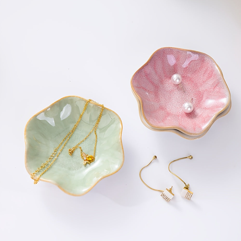 1pc Plato de Cerámica para Joyería con Diseño Floral - Organizador Decorativo Multiusos para Joyas, Cosméticos, Llaves - Verde Pastel, Rosa, Blanco y Manchado - Accesorio de Baño, Cocina, Dormitorio, Decoración del Hogar, Almacenamiento Elegante, Bandeja