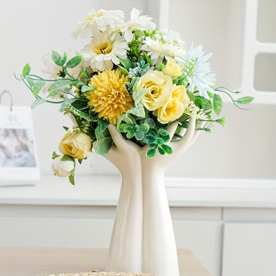 Jarrón Elegante de Cerámica Blanca Artesanal para Arreglos Florales Artísticos - Centro de Decoración Delicado con Pedestal para Sala de Estar o Exhibición en Mesa, Ideal para Rosas Blancas y Hojas Verdes
