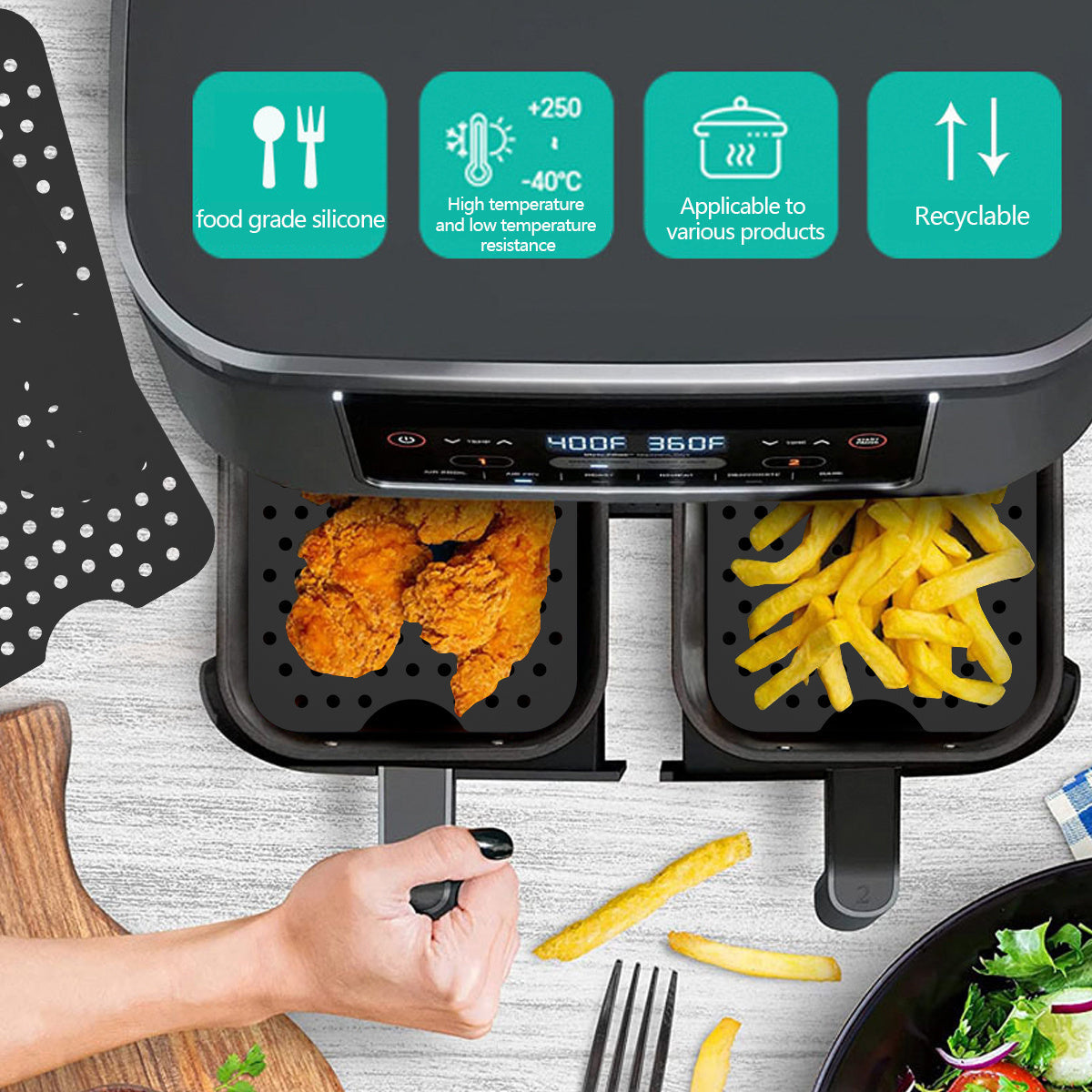 Juego de Accesorios para Freidora de Aire de 4 piezas con 2 Tapetes de Silicona para Freidora de Aire y 2 Rejillas de Acero Inoxidable para Freidora de Aire, Compatible con la Freidora de Aire de Doble Zona Ninja Food AF300UK AF400UK, para Accesorios de