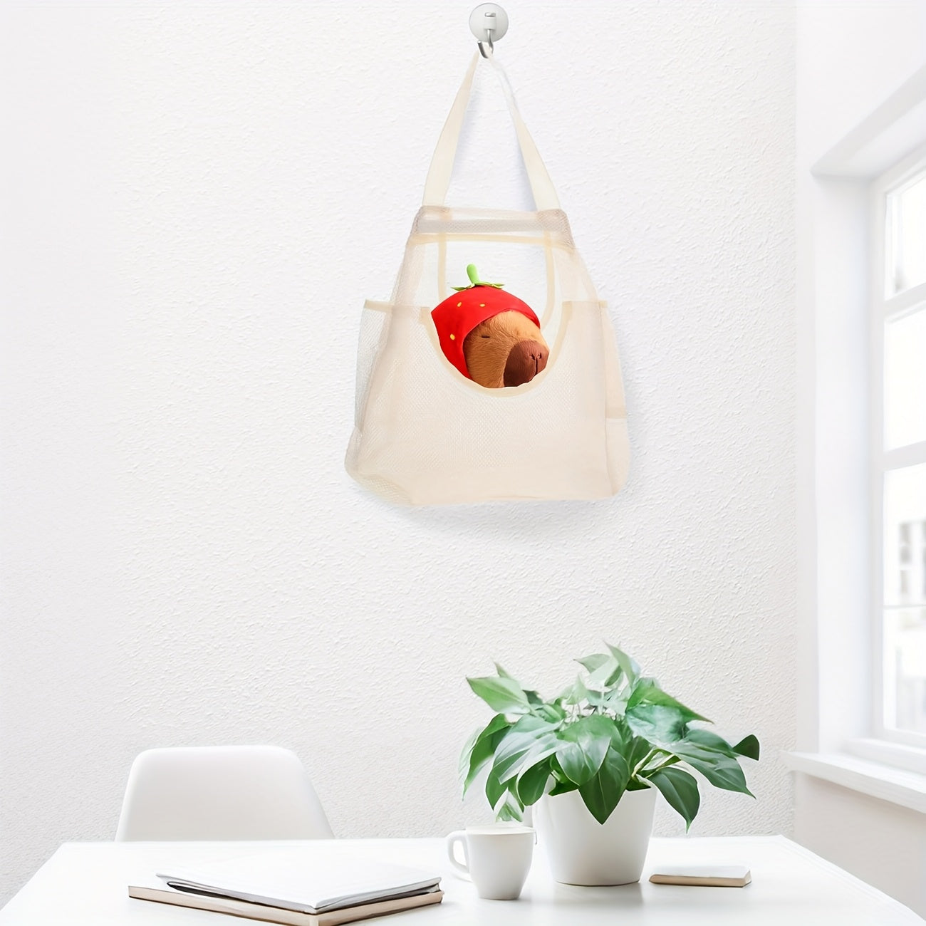 Bolsa de Almacenamiento de Juguetes de Malla Beige - Organizador de Peluche Reutilizable con Lazo para Colgar para Viajes de Niños y Esenciales de la Sala de Juegos, Caja de Almacenamiento de Juguetes