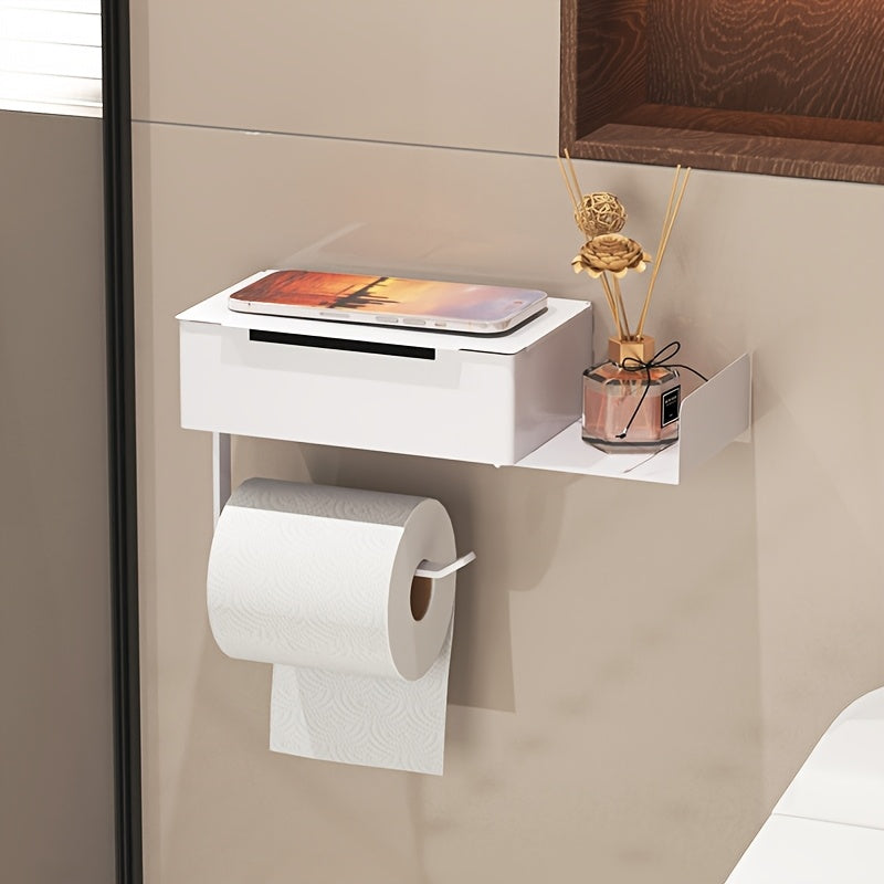1pc Soporte de Papel Higiénico de Hierro Forjado con Estante - Dispensador de Rollo de Papel Higiénico Autoadhesivo Montado en la Pared, Instalación Sin Taladrar, Almacenamiento Multifuncional para Toallitas Húmedas y Teléfono, Decoración del Hogar