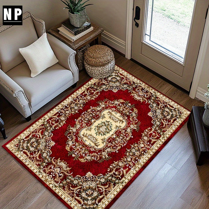 Gran alfombra floral de terciopelo de 850g/m² - Diseño vintage con borde dorado, gruesa y suave, poliéster duradero, forma rectangular, perfecta para sala de estar, dormitorio, comedor y oficina, decoración de sala de estar | Diseño vintage floral | Text
