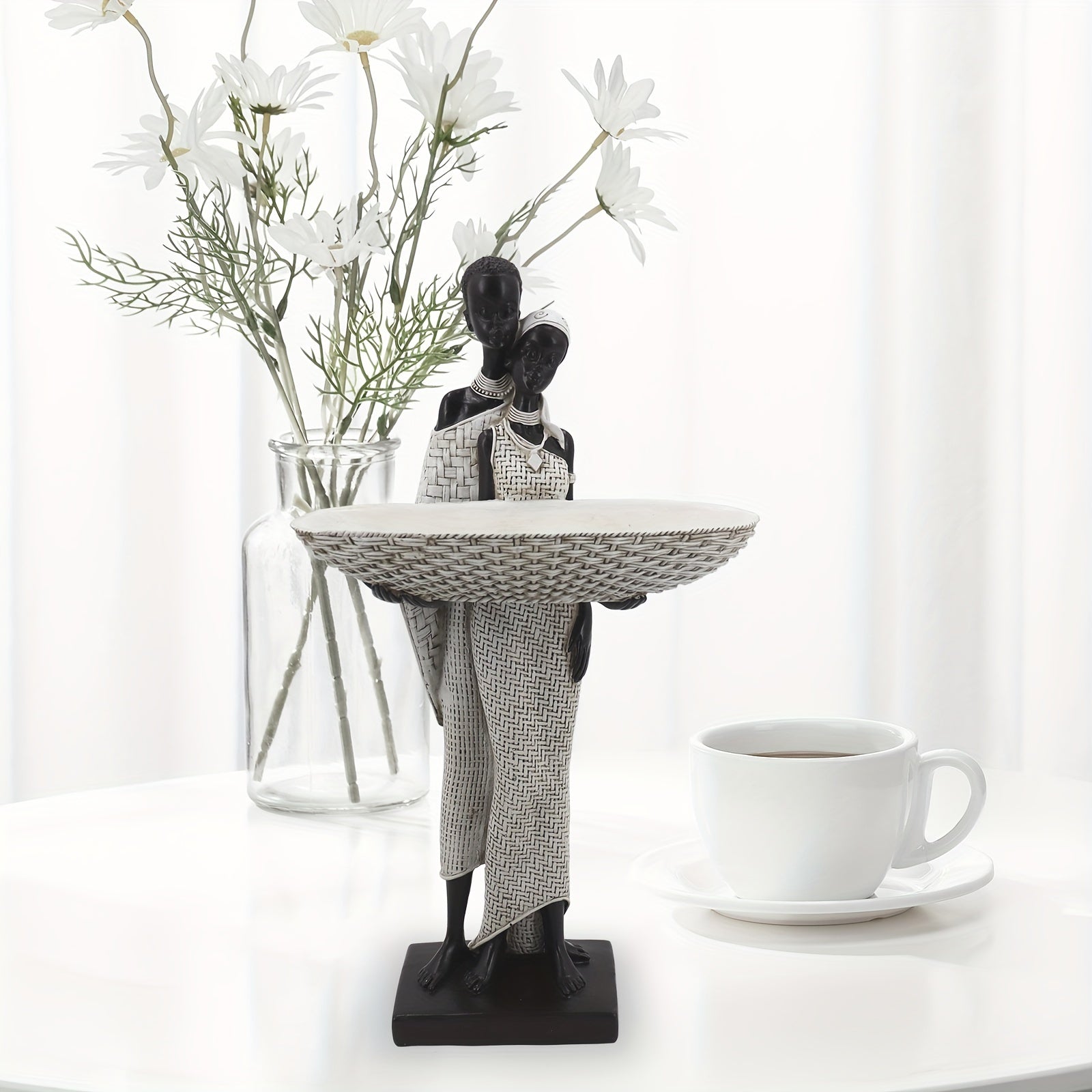 Estatua de Pareja Africana Vintage Dorada - Figura de Arte Tribal con Bandeja de Almacenamiento para Llaves para Decoración del Hogar, Perfecta para Sala de Estar, Estantería y Mesa, Regalo Ideal de Inauguración para Mujeres, Lo Mejor para Navidad