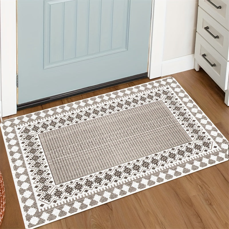 1 pieza de alfombrilla tejida estilo bohemio, alfombrilla rectangular antideslizante, suave y lavable en máquina, fibra de poliéster, adecuada para sala de estar, dormitorio y entrada.
