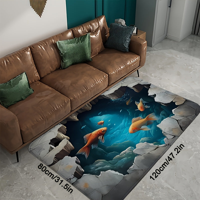 Alfombra de Cocina Ilusión 3D - Alfombra de Poliéster, 1.2 cm/0.47 pulgadas de Grosor con Diseño de Océano y Peces - Alfombra Decorativa Lavable en Máquina para Hogar u Oficina - Paisaje Submarino Realista con Efecto Roca Agrietada - Una Pieza