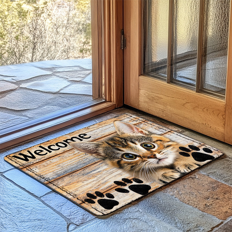 1pc Encantador Alfombrilla de Bienvenida de Gatito, 8mm de grosor de esponja suave, lavable en máquina, alfombra de poliéster antideslizante para interior para cocina, baño, sala de estar, dormitorio - Alfombra decorativa para interior
