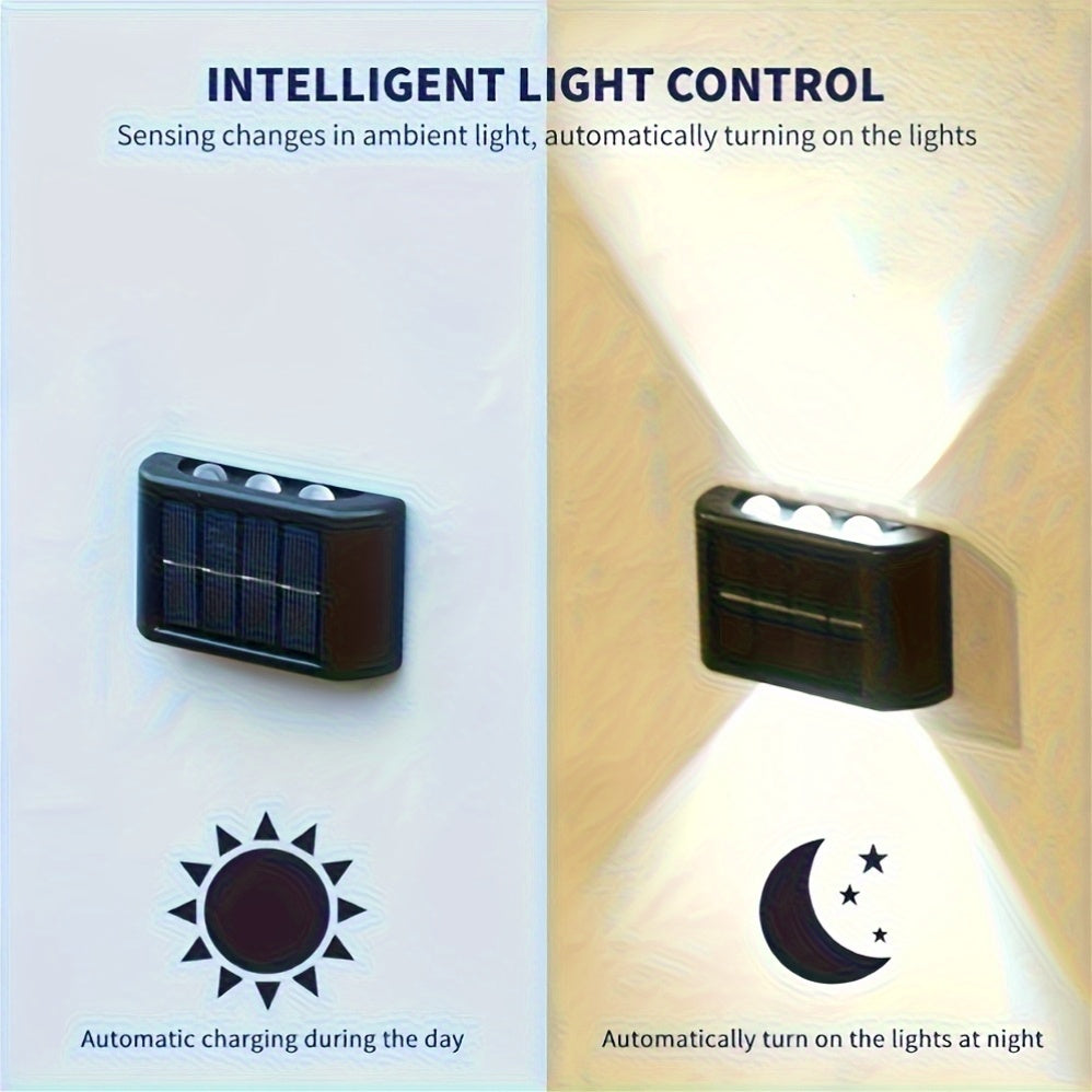 2 pzas. luces solares para pared exterior, luces de pared con doble cabezal, iluminación hacia arriba y abajo, 6 luces LED solares para jardín, calle o paisaje, decorativas, ideales para jardín, patio y balcón, con batería recargable de níquel, capacidad
