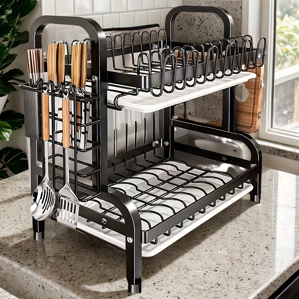 1pc Organizador de Cocina de Acero Inoxidable Resistente con Bandeja de Drenaje - Estante de 2 Niveles para Encimera, Ganchos para Utensilios - Ahorro de Espacio, Fácil Limpieza, Diseño Minimalista, Almacenamiento de Vajilla y Cubiertos, Ideal para Hogar