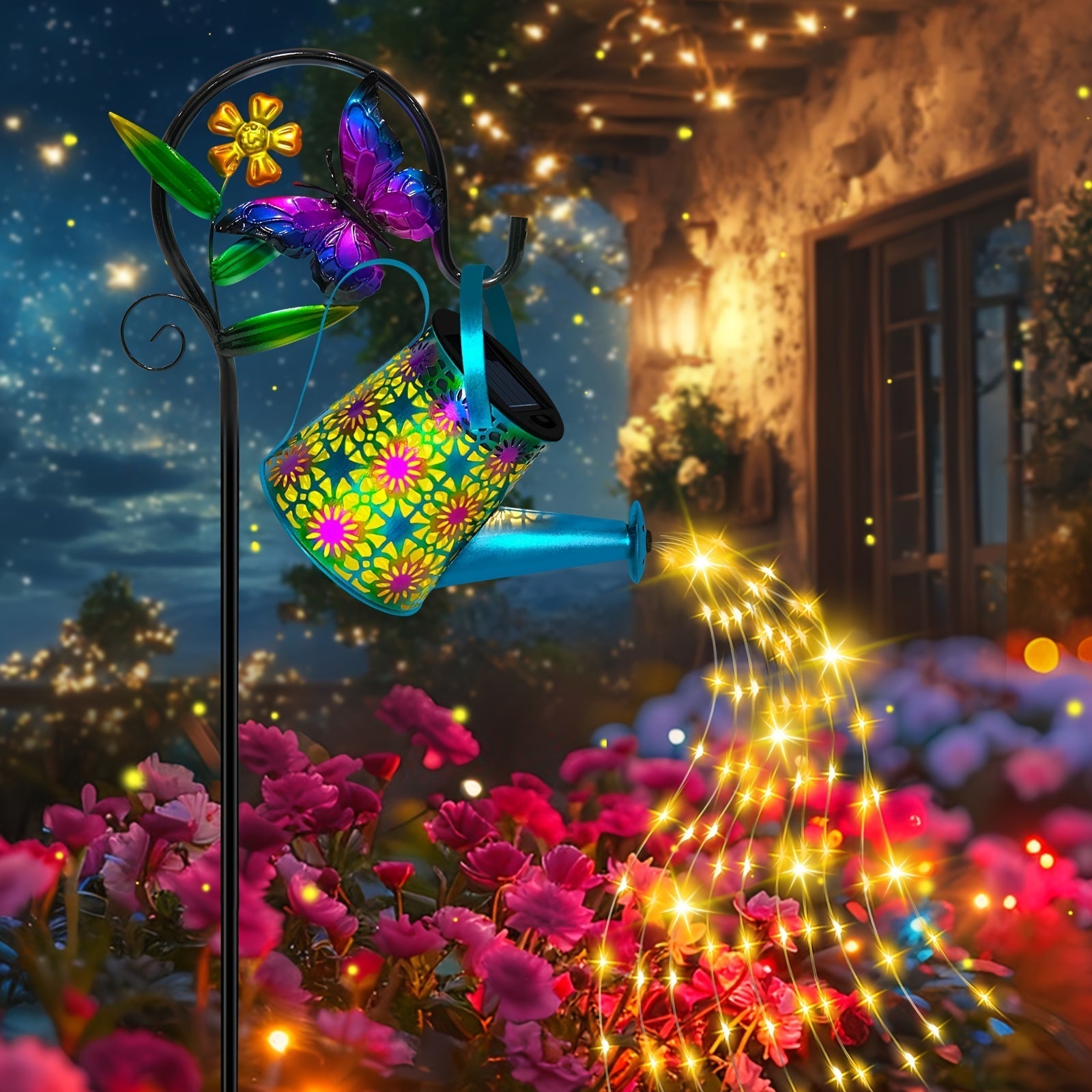 Gran regadera de mariposas y farol solar con decoración de jardín - Colgante de metal vibrante con gancho de mariposa, luces LED, ideal para caminos exteriores, patios y decoración de césped, decoración de caminos de jardín | Decoración de jardín vibrant