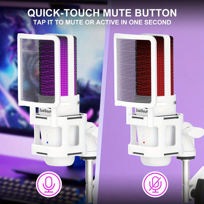 Micrófono de condensador USB ZealSound con luces RGB, silenciamiento y control de volumen de un toque, brazo de pie ajustable, filtro de pop, montura de choque, adaptador USB-C, plug & play para grabación, juegos, reuniones