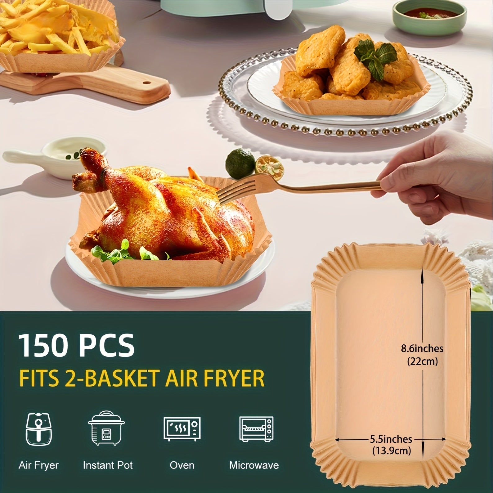 MUQOMU, fundas rectangulares antiadherentes para freidor de aire, compatibles con freidor de aire Ninja Dual Basket, platos de papel beige para freír de manera más saludable, 50 unidades.
