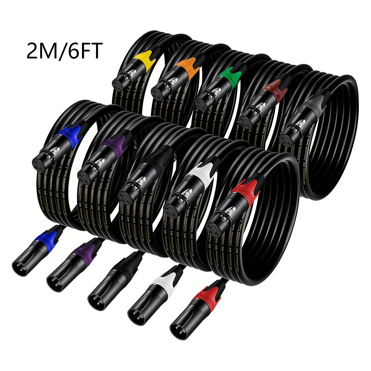 10-Pack 182.88cm Cables de micrófono XLR, 3-Pin Equilibrado Cordón de altavoz, Macho a Hembra, Forma Redonda, Multi-Color Cable de Micrófono para Estación de Radio, Podcast, Sistemas DMX - No requiere Batería