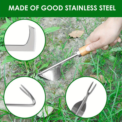 Juego de 4 Herramientas para Deshierbar Acero Inoxidable con Mango Ergonómico de Madera, Set Multiusos para Jardinería y Transplante
