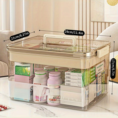 Organizador de Medicinas Transparente de Gran Capacidad con Asa y Tapa - Impermeable, Caja de Almacenamiento Multinivel para Esenciales de Hogar y Oficina
