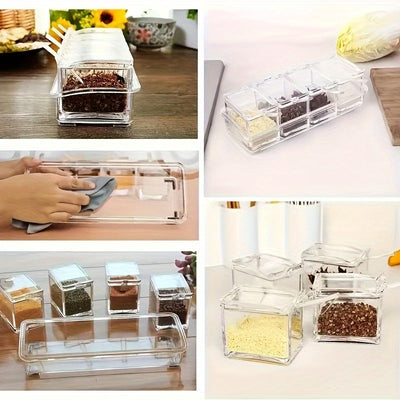 1 caja de condimentos transparente, juego de 4 contenedores de almacenamiento de condimentos con cuchara, estante de condimentos transparente, ollas de especias para pimienta, especias.