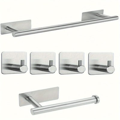 Juego de 6 toalleros contemporáneos, kit de herrajes para baño de acero inoxidable con toallero, toallero de pared, portarrollos de papel higiénico, ganchos para batas - Instalación sin taladros