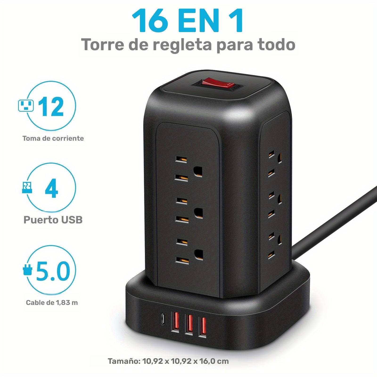 Una regleta de alimentación negra con protección contra sobretensiones, que incluye 12 tomas de CA, 3 puertos USB y 1 puerto tipo C, junto con un cable de extensión de 5 pies, adecuado para el hogar, la oficina, la cocina, el garaje y el dormitorio, maxi