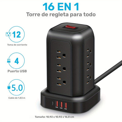 Una regleta de alimentación negra con protección contra sobretensiones, que incluye 12 tomas de CA, 3 puertos USB y 1 puerto tipo C, junto con un cable de extensión de 5 pies, adecuado para el hogar, la oficina, la cocina, el garaje y el dormitorio, maxi