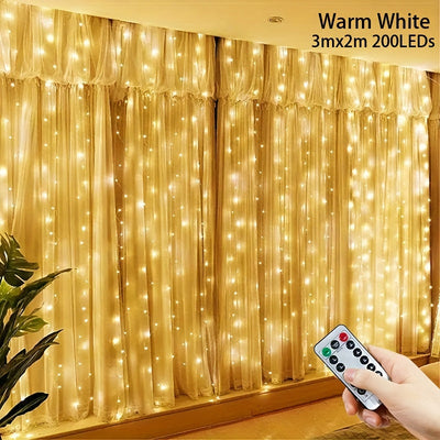 1 pieza de Cortina de Luces de Hada Encantadora -300/200/100LED, Alimentación por USB, Control Remoto - Ideal para Navidad, Fiesta, Día de San Valentín, Hogar, Boda y Decoración Estacional