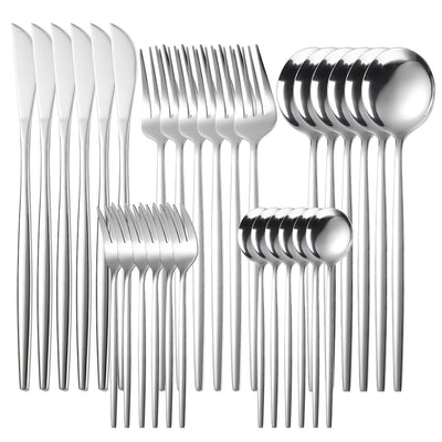 1 Juego De 30 Piezas, Cubiertos Portugués De Acero Inoxidable, Incluye Cuchillo De Carne, Tenedor, Cuchara Y Cucharita De Té, Tenedor De Cena, Cuchara De Cena, Tenedor De Frutas, Cuchara De Postre, Apto Para Lavavajillas, Pulido A Espejo, Para Hogar, Res