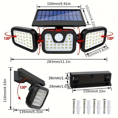 Luz solar exterior con 74 LED, diseño giratorio 360° de 3 cabezas, iluminación en 3 lados, sensor de movimiento con encendido automático, doble batería de alta capacidad, 3 niveles de intensidad, ideal para jardín, garaje, porche y caminos (2 baterías de