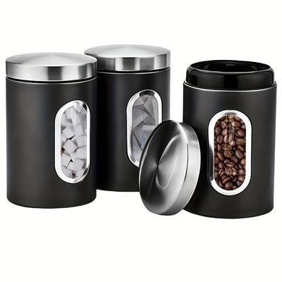 Juegos de Recipientes para la Cocina, Set de 3 Piezas para Almacenar Azúcar, Harina y Té en Acero Inoxidable con Ventana Transparente para Organizar el Mostrador
