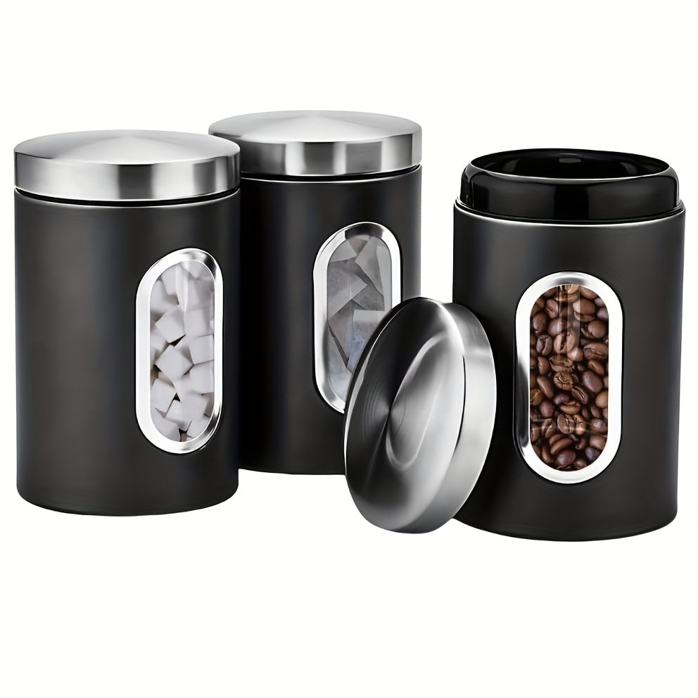 Juegos de Recipientes para la Cocina, Set de 3 Piezas para Almacenar Azúcar, Harina y Té en Acero Inoxidable con Ventana Transparente para Organizar el Mostrador