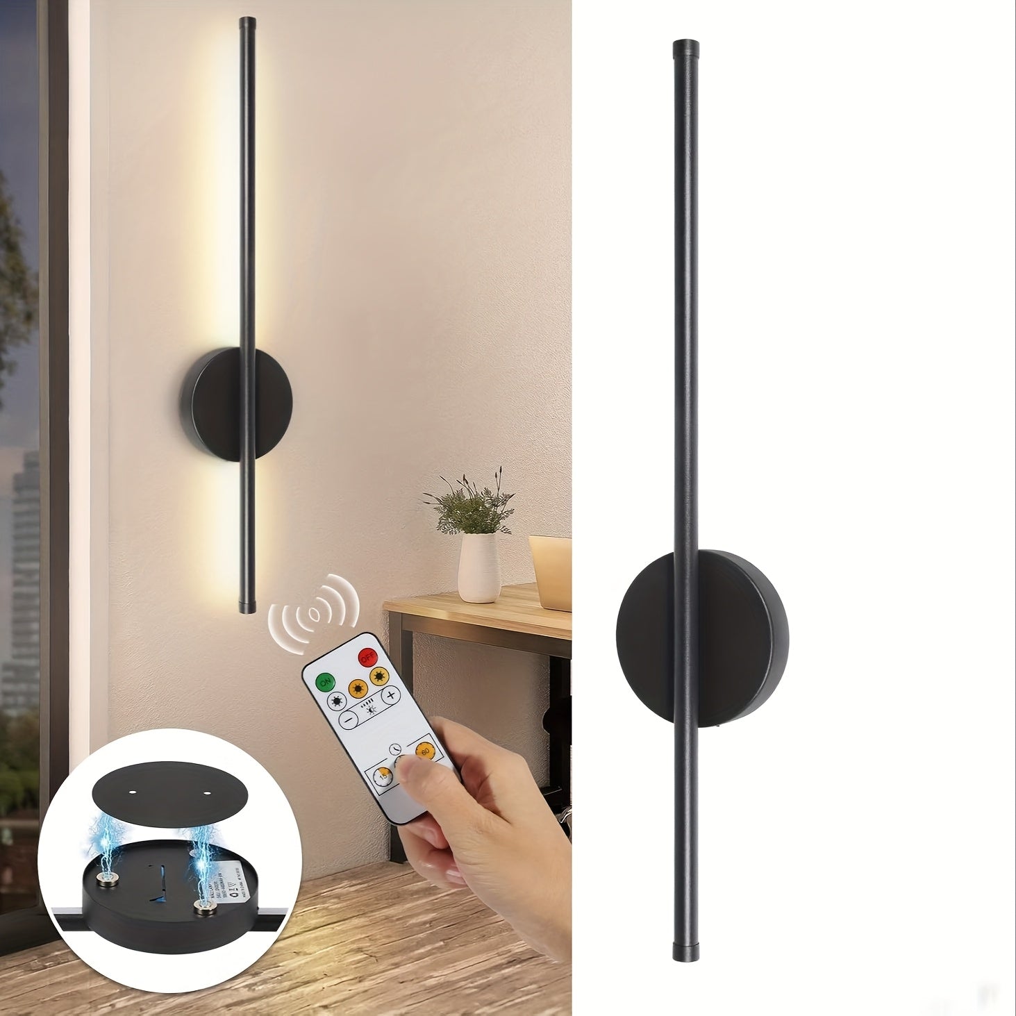 1 pieza de lámpara de pared inalámbrica con control remoto, luz LED con batería para dormitorio, sala de estar, pasillo - 3 colores, acabado mate negro, recargable por USB, diseño moderno y elegante, lámpara de pared con control remoto, fijo de luz minim