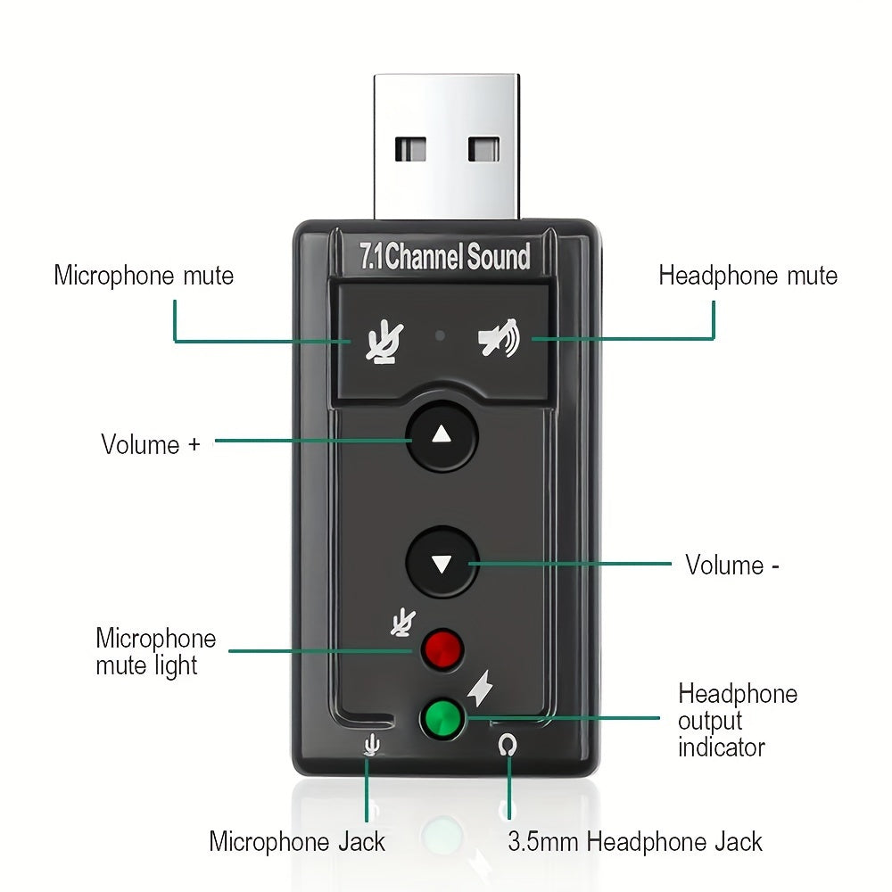 Tarjeta de sonido USB virtual 7.1 canales, adaptador de audio externo USB 2.0 para micrófono, parlantes y auriculares con conector estéreo de 3.5mm