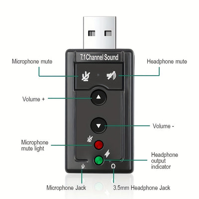 Tarjeta de sonido USB virtual 7.1 canales, adaptador de audio externo USB 2.0 para micrófono, parlantes y auriculares con conector estéreo de 3.5mm