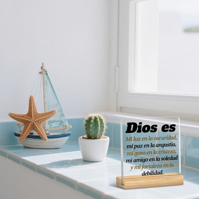 Soporte de madera de acrílico 2D con versículo bíblico en español - Regalo religioso para Navidad, cumpleaños, bautismo - Dios es mi luz en la oscuridad, paz en el dolor - Decoración inspiradora para el hogar y el escritorio