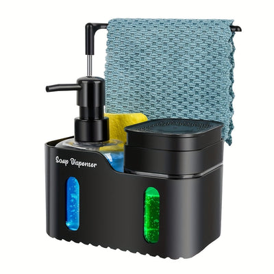 Juego de Dispensador de Jabón para Manos y Lavavajillas, Organizador 4 en 1 con Portaesponja y Portapaneles para Encimera de Cocina, Utiles Prácticos para la Cocina