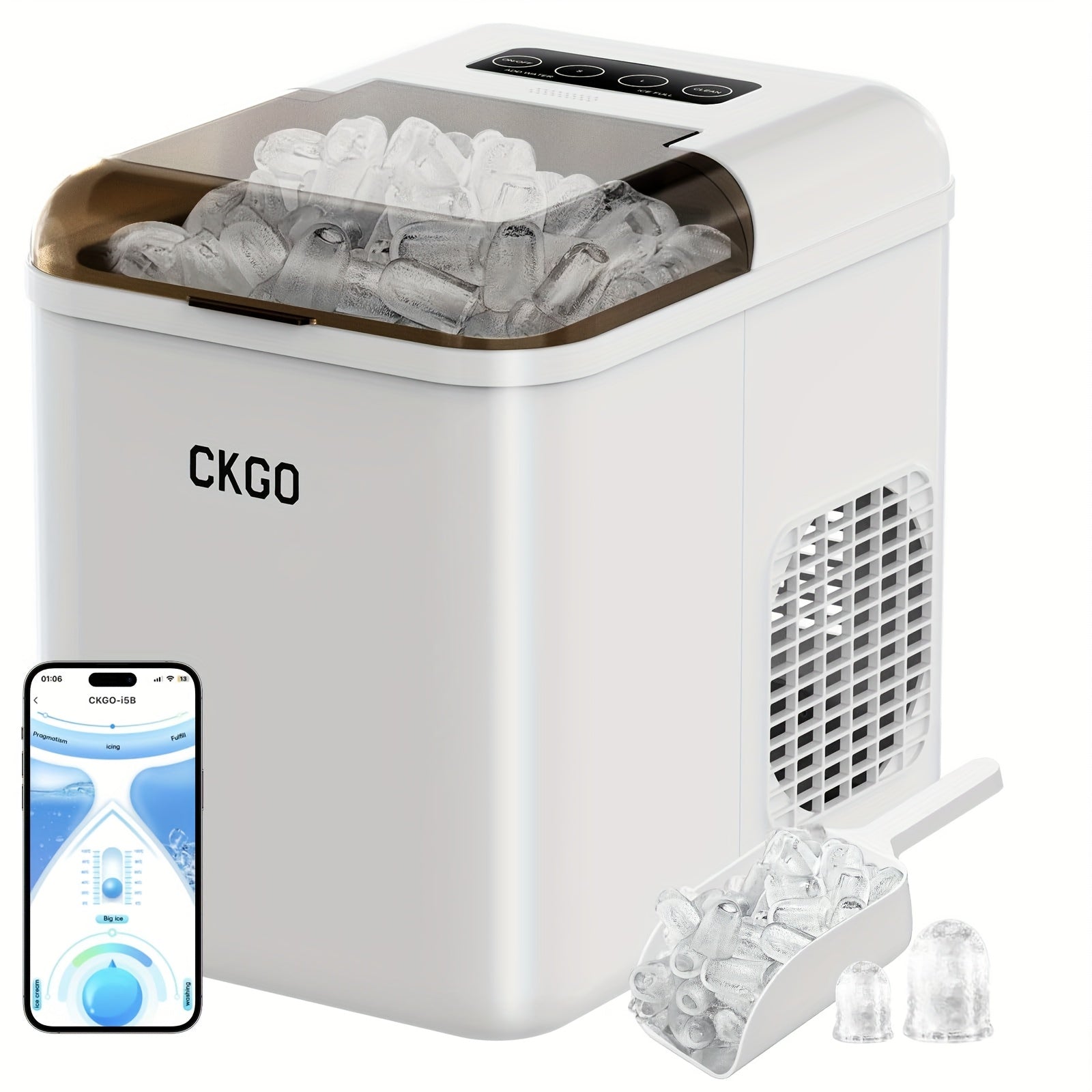 Fabricadora de hielo portátil CKGKO 2025, hace hielo en 6-8 minutos, silenciosa, ideal para casa, cocina, camping, RV, incluye cuchara y canasta para hielo, perfecta para viajes, actividades al aire libre y maratones, diseño moderno y duradero