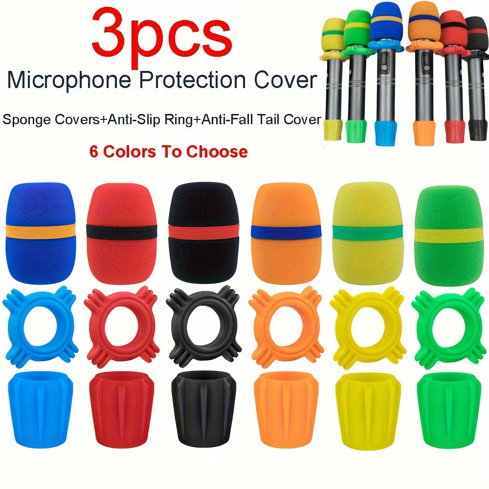 Juego de Accesorios de Protección para Micrófono de Mano de 3 Piezas - Protector de Viento de Espuma Colorida, Anillo de Silicona, Cubierta Anticaída para Micrófonos KTV, Paquete Multicolor