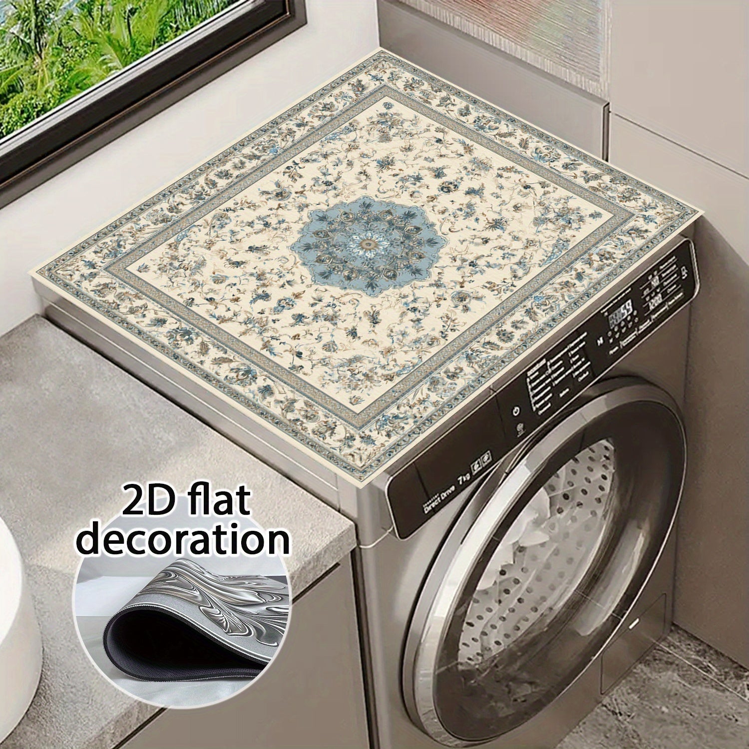 Fundas Protectora 2D Plana para Lavadora y Secadora - Organizador de Lavandería, Cubierta Geométrica Azul con Diseño Floral, Fácil de Limpiar y Estilosa, Tapete para Encimera de Lavadoras y Secadoras