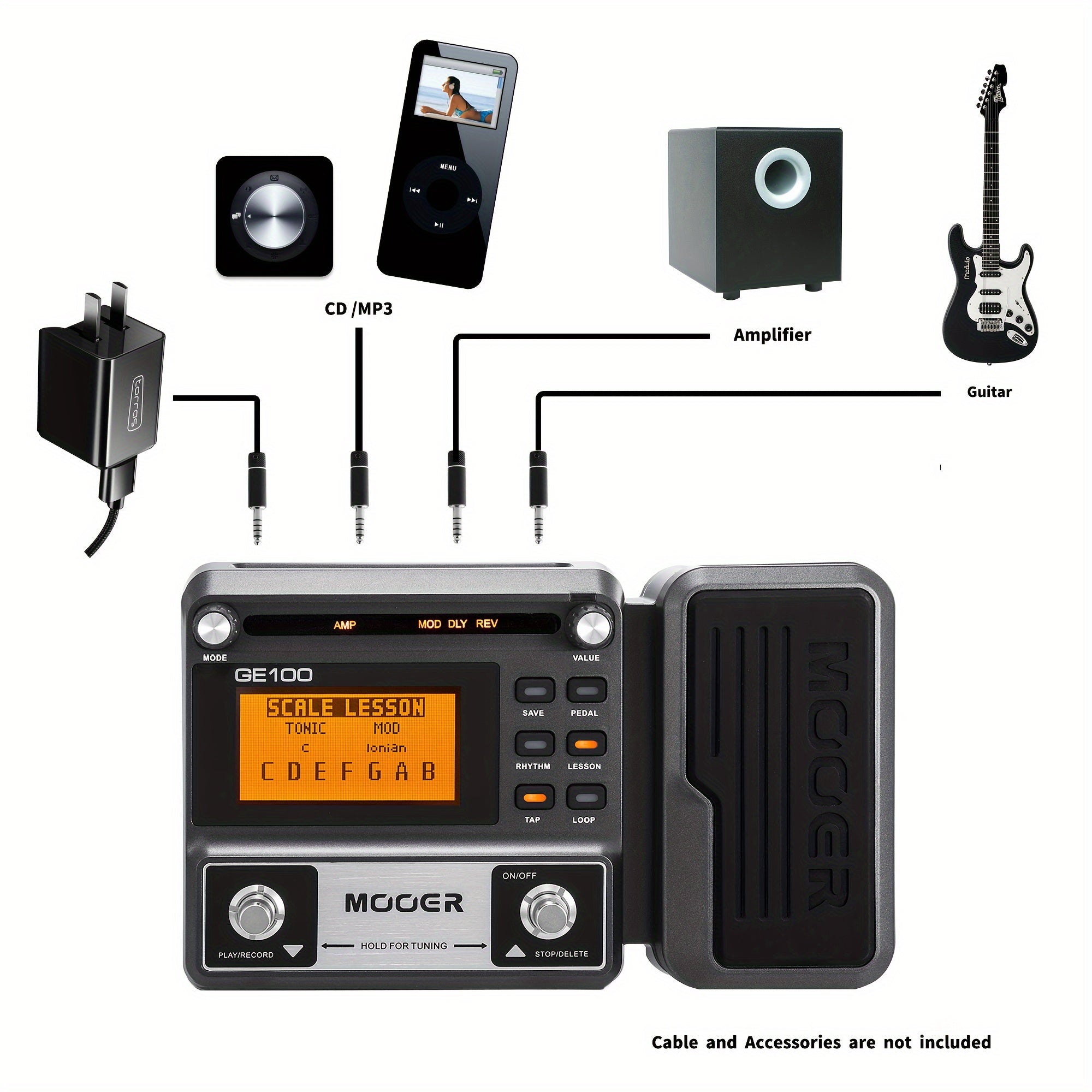 Procesador de Efectos de Guitarra Completo MOOER GE100 con Pantalla LCD, 80 Tonos Predefinidos, 80 Tonos Editables por el Usuario, 8 Módulos de Efectos, 66 Tipos de Efectos, Grabación en Bucle de 180 Segundos, Simulación de Altavoz + Simulación de Un Sol