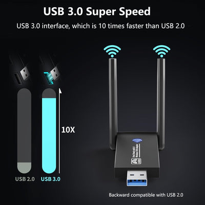 Adaptador WiFi USB AC1300M de doble banda - Adaptador de red inalámbrica de doble banda 2.4GHz/5GHz para portátil/ordenador, sin controlador, compatible con Windows Vista/XP/7/8/10/11, solución WiFi portátil | Diseño negro elegante | Modo de alimentación