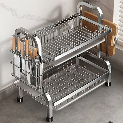 Estante de platos de cocina de acero inoxidable con bandeja de drenaje - Organizador multifuncional para encimeras para platos, tazas y utensilios - Solución de almacenamiento de cocina para el hogar que ahorra espacio
