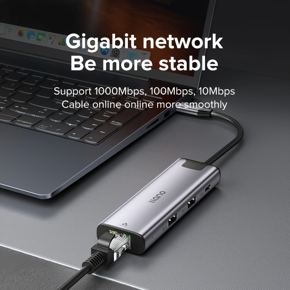Base de Enchufe LLANO 8-en-1 USB-C/Type-C con Puerto Gigabit Ethernet, HDTV 4K@30Hz, Carga PD de 100W, Lector de Tarjetas SD/TF, 2 Puertos USB 3.0, Puerto Type-C3.0