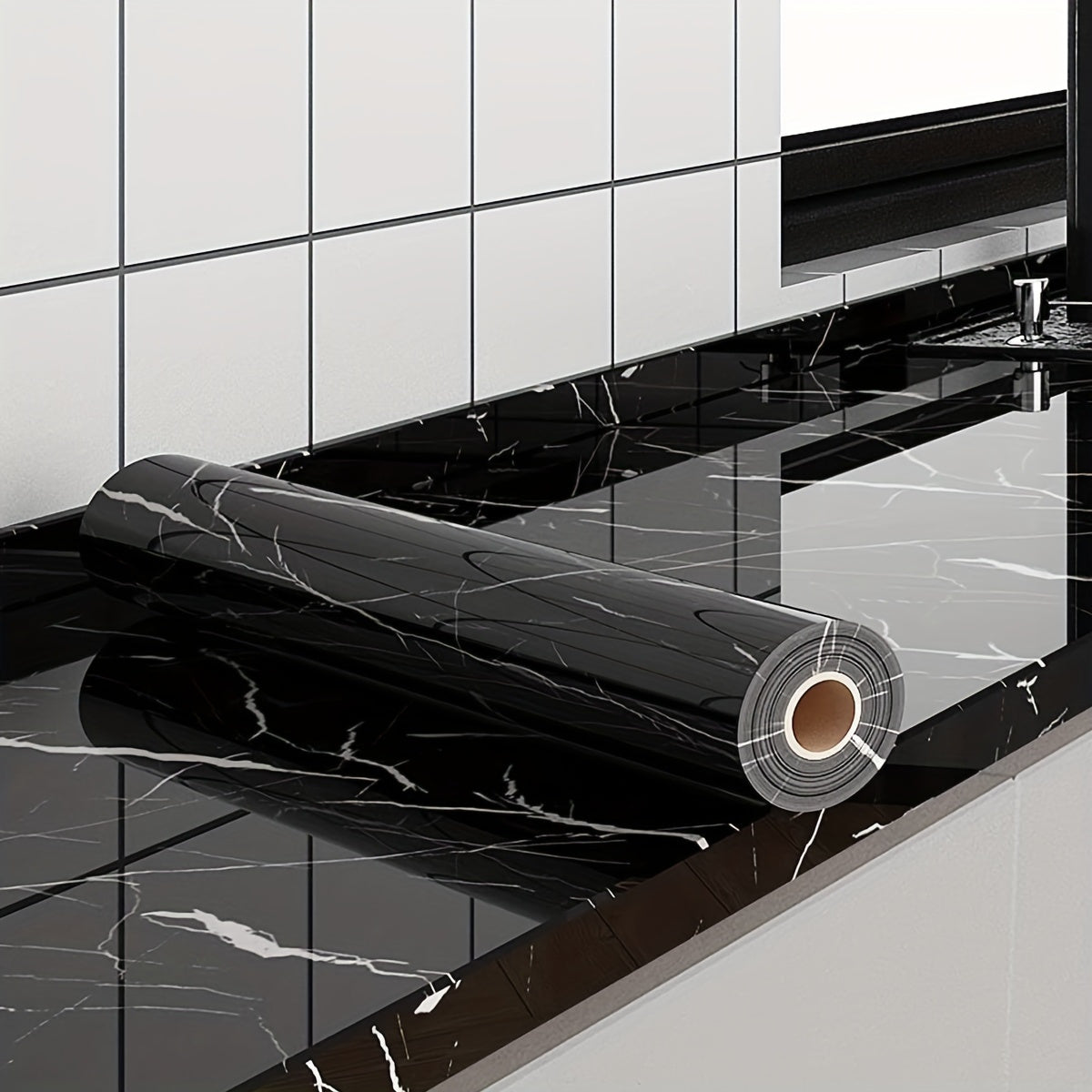 1pc Papel Pintado Autoadhesivo Impermeable - 40cm x 100cm, Patrón de Mármol Negro Brillante, Pegatina de Salpicadero de Cocina a Prueba de Aceite para Armarios, Encimeras y Paredes, Fácil de Cortar y Aplicar