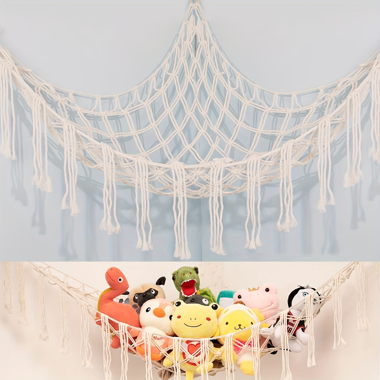 Hamaca grande para peluches de algodón - Red organizadora gigante para juguetes de felpa, decoración para habitación infantil - Organizador de pared para guardar juguetes en dormitorio o guardería, incluye 3 ganchos - Color blanco