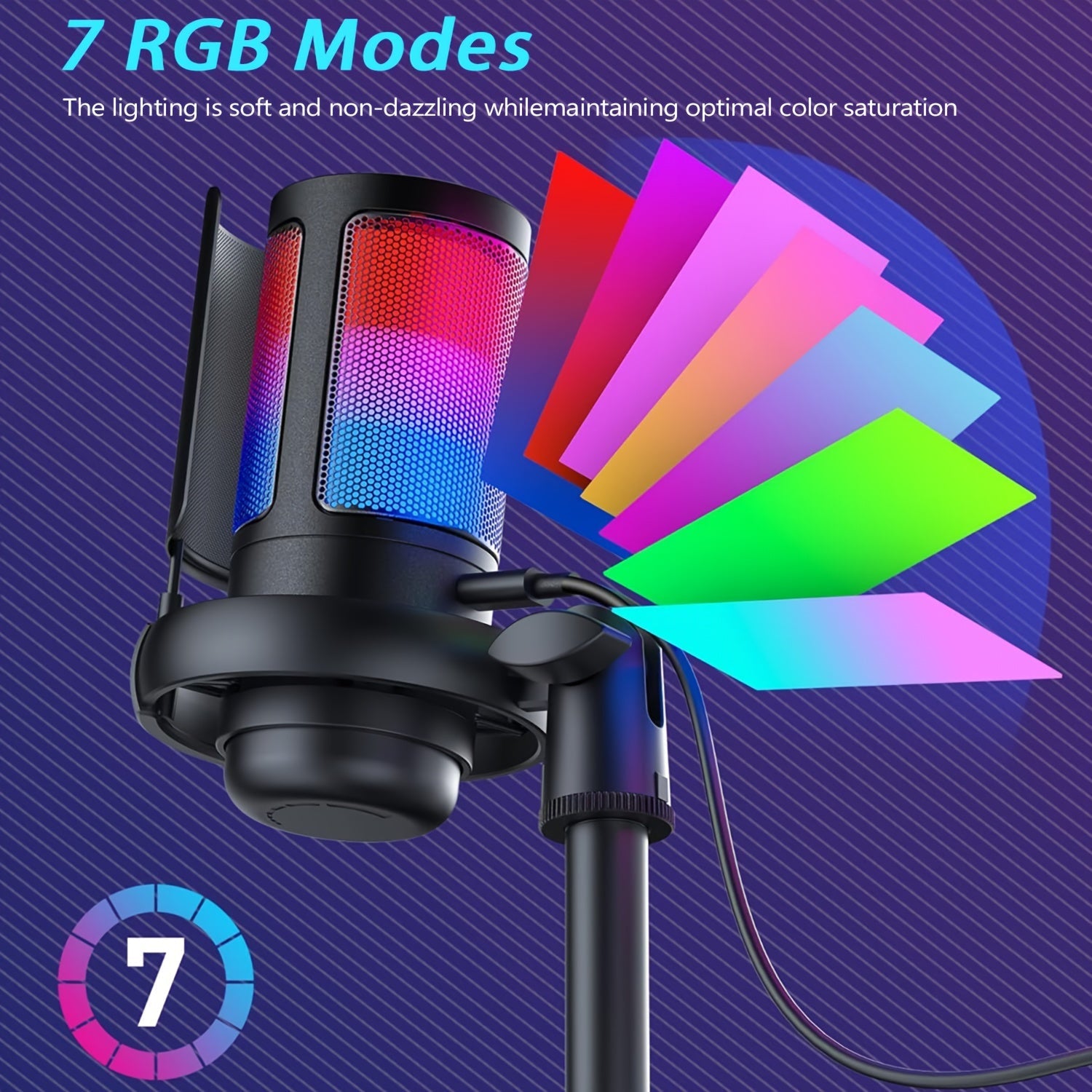 Kit de Micrófono Profesional para Gaming USB, Micrófono Condensador con Cancelación de Ruido RGB, Adaptador TYPE-C, Mute Rápido, Control de Ganancia, Conector 3.5mm para Auriculares, Incluye Soporte Metálico y Rejilla Filtrante para Gamers & Podcasteros