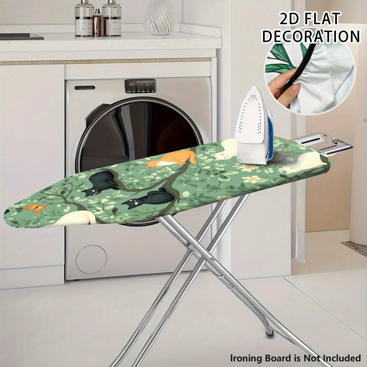 2D Plano, Cubierta de Tablero de Planchar 2D con Diseño de Gato y Flor - Instalación Fácil, Accesorio de Lavadora que Ahorra Espacio, Incluye Correas de Colgar y Tablero de Planchar, Cubierta de Lavadora, Decoración de Habitación de Lavandería, Diseño Jo