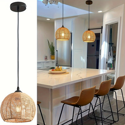 1/3 Piezas, Luces Colgantes De Mimbre Tejido Natural, Estilo Bohemio De Mediados De Siglo, Lámparas De Techo Redondas Rústicas De Granja De 7", Accesorios De Iluminación De Ratán Para Comedor E Isla De Cocina, (Bombillas No Incluidas)