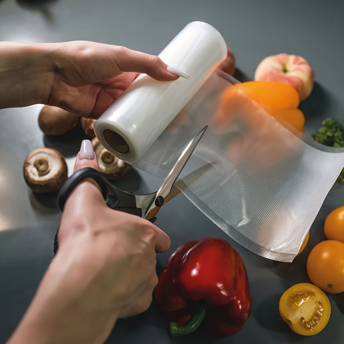 Fundas de Sellado al Vacío, 1 Rollo, Longitud de 5.0 metros, Disponibles en 7 Tamaños, Libres de BPA, Resistentes al Desgarro, Adecuadas para Almacenamiento de Alimentos y Cocina Sous Vide, Esenciales para la Cocina del Hogar