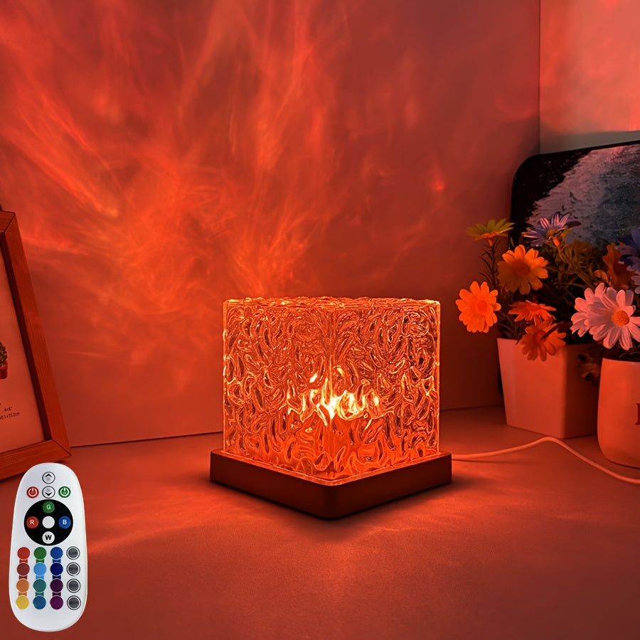 Lámpara de mesa giratoria RGB con efecto de ondas de agua - 16 colores, control táctil con control remoto, luz ambiental alimentada por USB, lámpara de proyección de ondas, lámpara de llama giratoria con gradiente de 16 colores, adecuada para entornos de